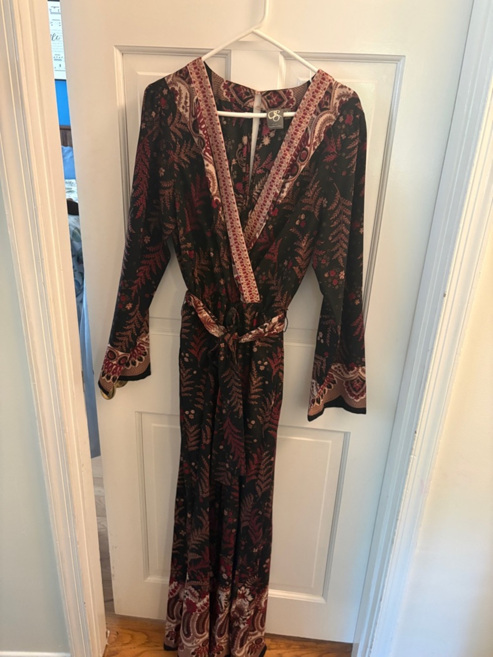 Boho Maxi Wrap Jumpsuit in Black with Burgundy Paisley Trim